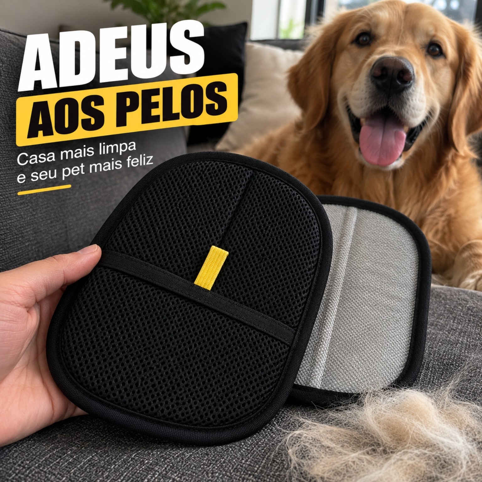 ADEUS AOS PELOS — Luva Mágica junto a um sofá e um cachorro.