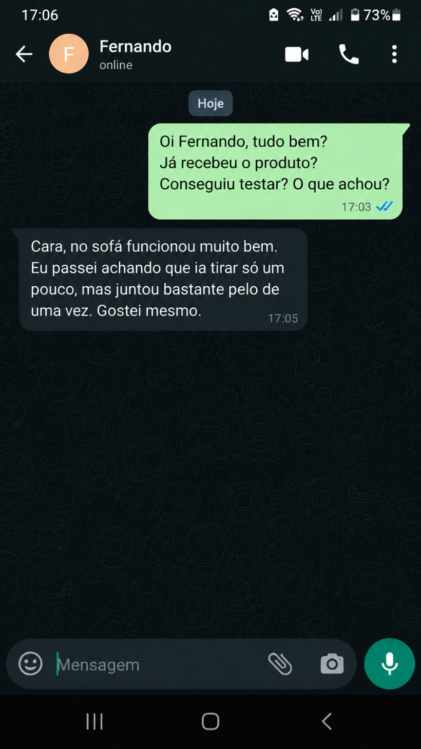 Conversa ilustrativa com Fernando sobre a remoção de pelos no sofá.